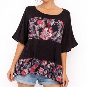 Peasant Blouse XL Black Paisley Boho Babydoll Flowy Festival Top Cottagecore